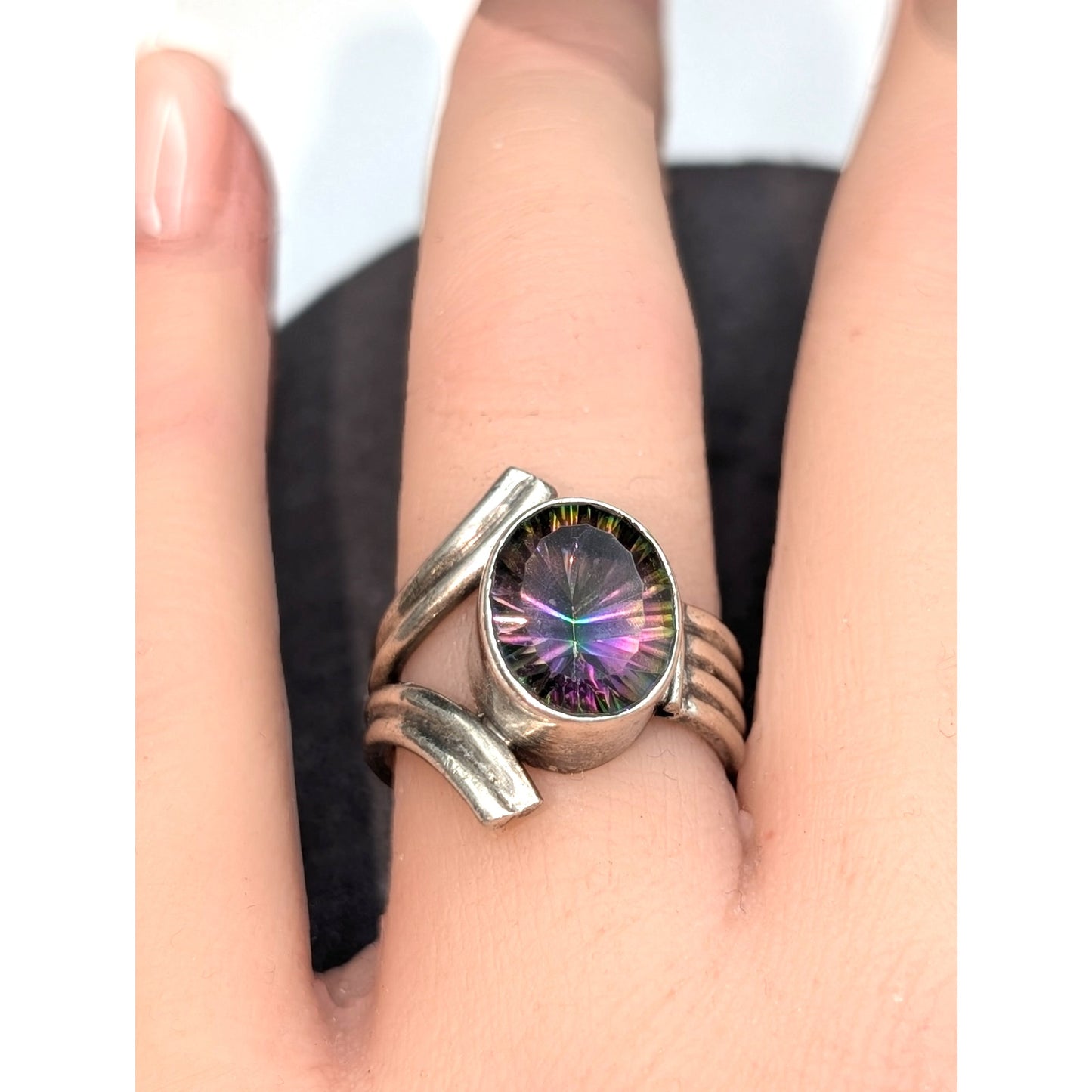 925 Sterling Silver Sunburst Cut Mystic Topaz Chunky Modern Design Ring Sz 5.25