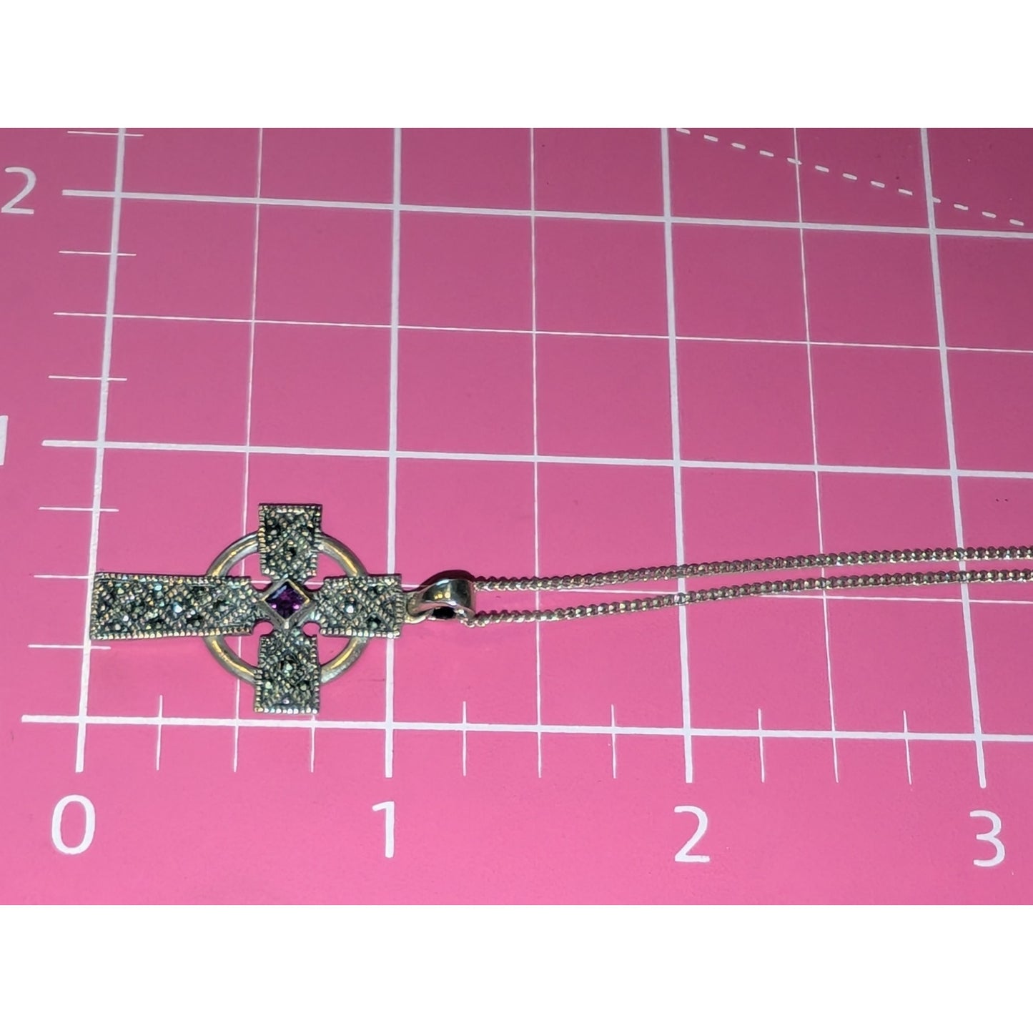 925 Sterling Silver Marcasite Amethyst Celtic Cross Pendant Chain 18" Necklace