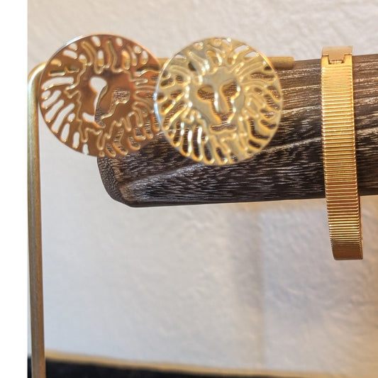 VTG Anne Klein Gold Tone Cut Out Lion Pierced Earrings & Oval Bar Hinge Bracelet