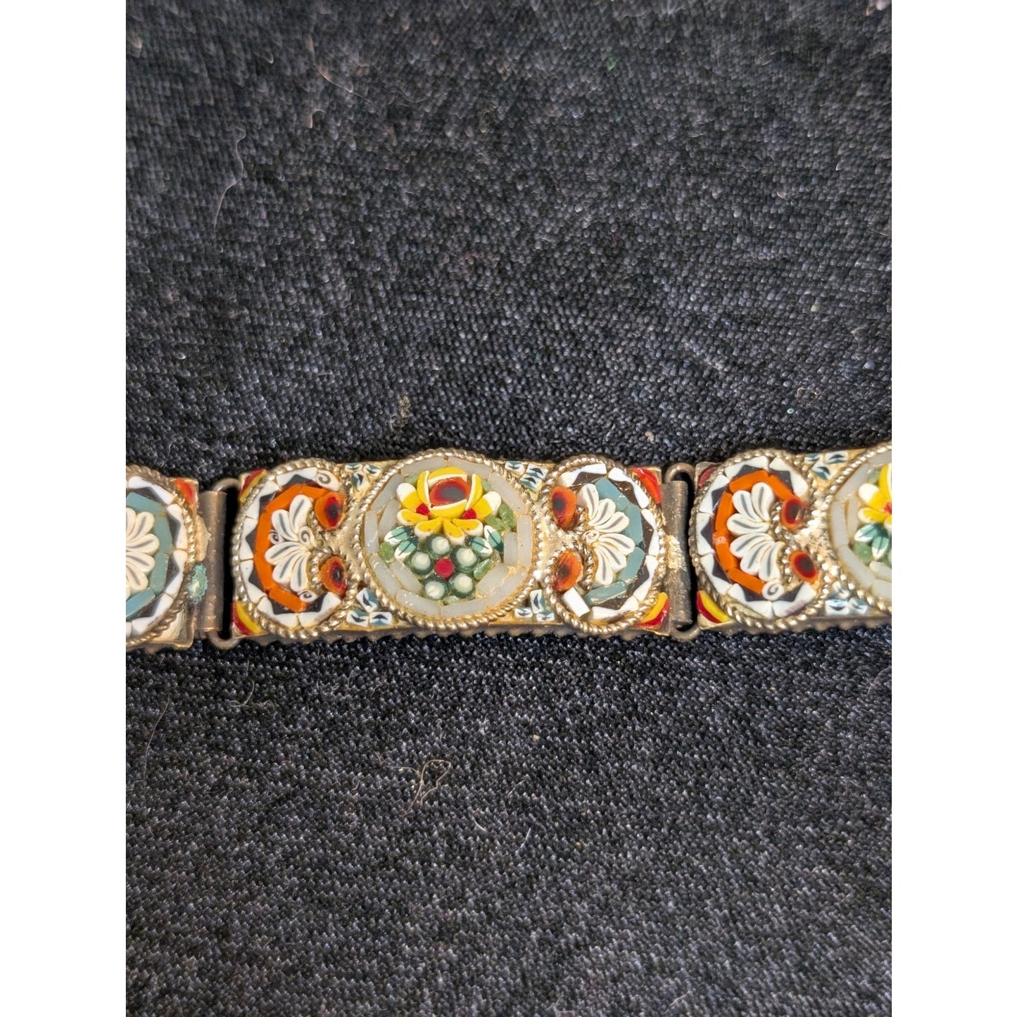 7.5" Antique Italian Micro Mosaic Multi Color Floral Link Hook Clasp Bracelet