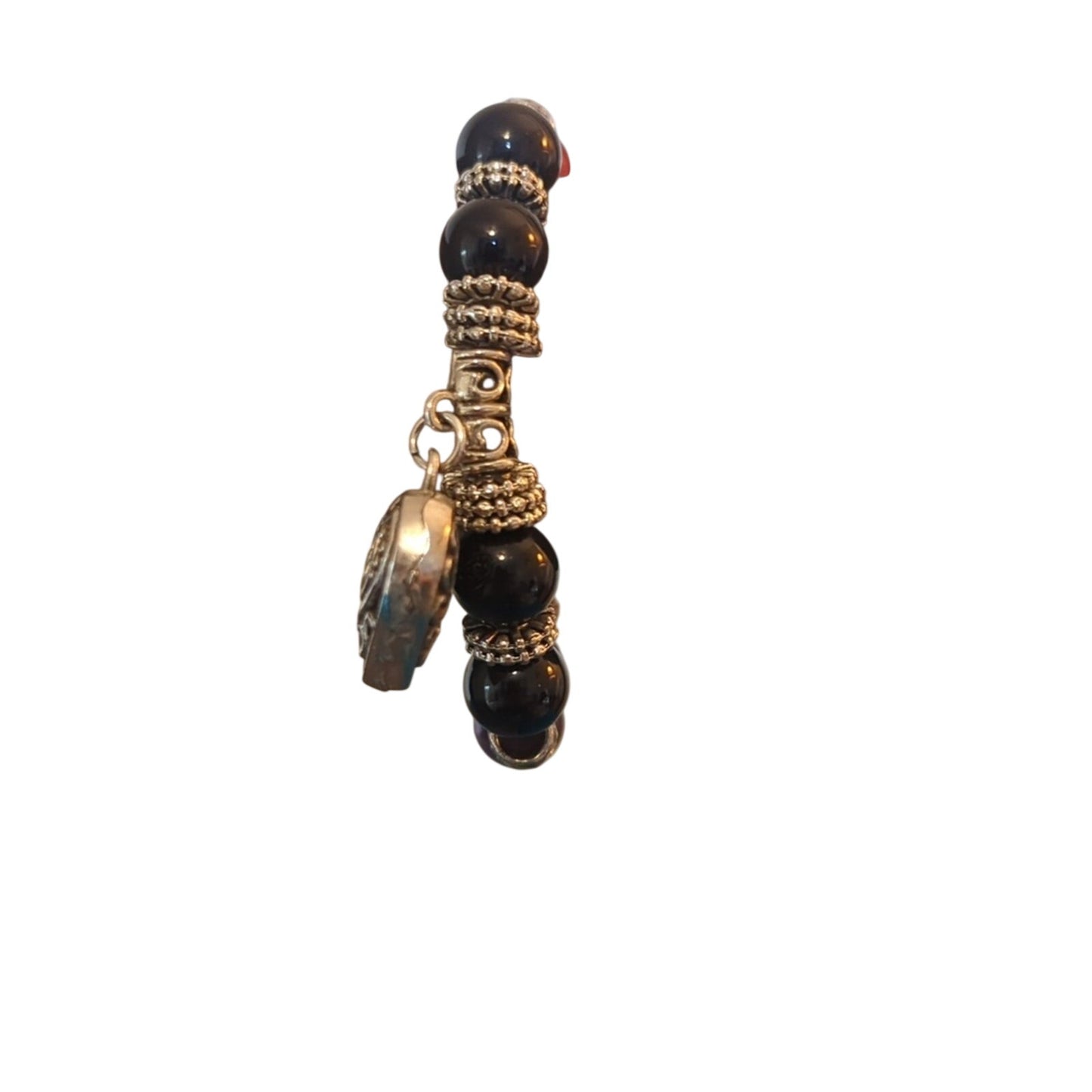 Gemstone Bead Stretch Bracelet with Silver Tone Filigree Puff Heart