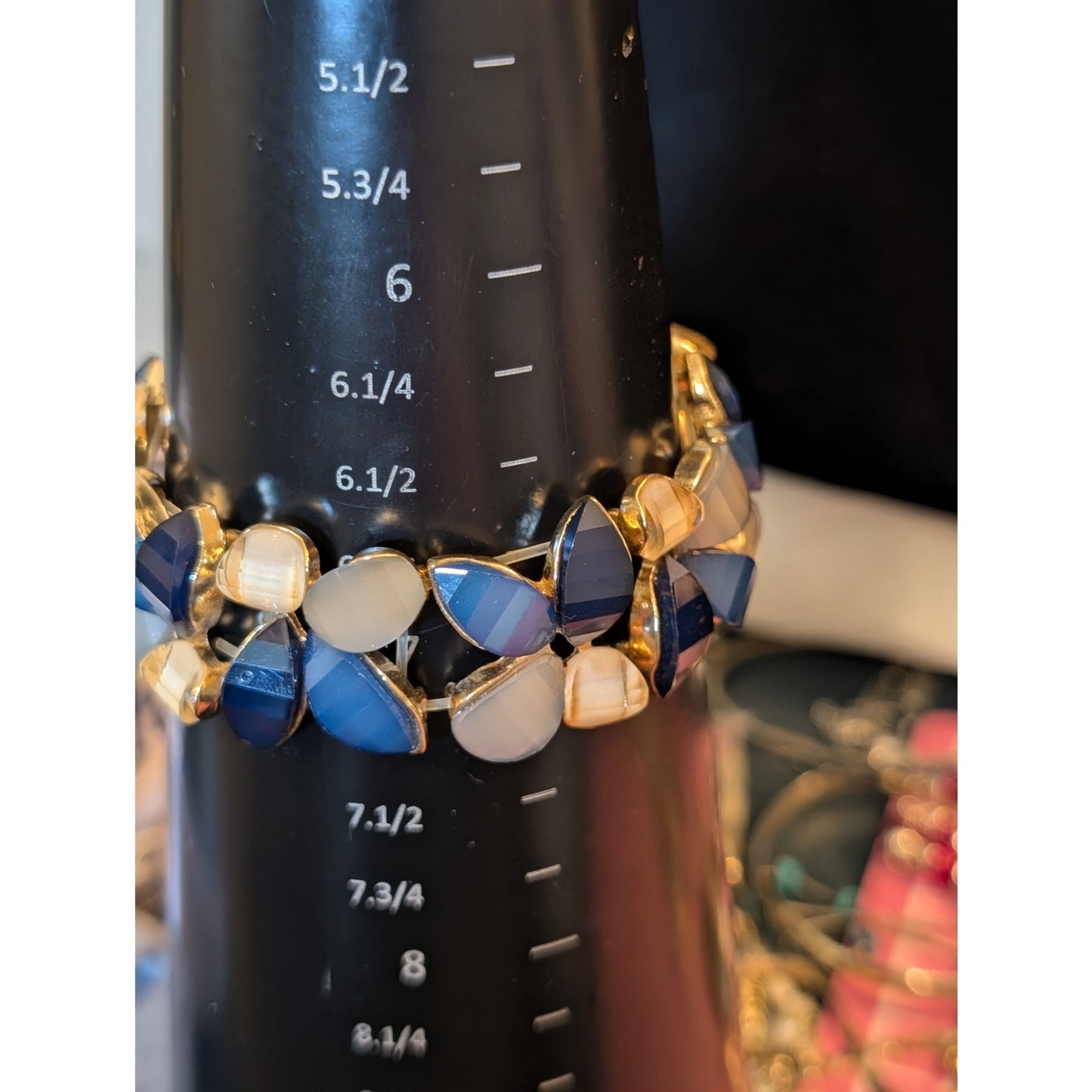 Cream Enamel Clamper Bangle & Carved Bead Stretch Bracelet Lot