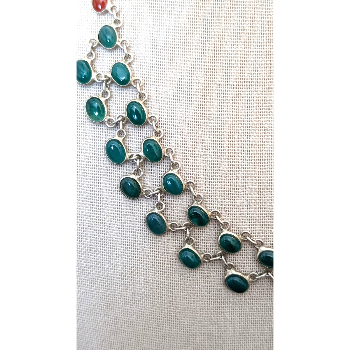 Vtg Green & Red Onyx Cabochons 925 Sterling Silver Collar Hook Clasp Necklace