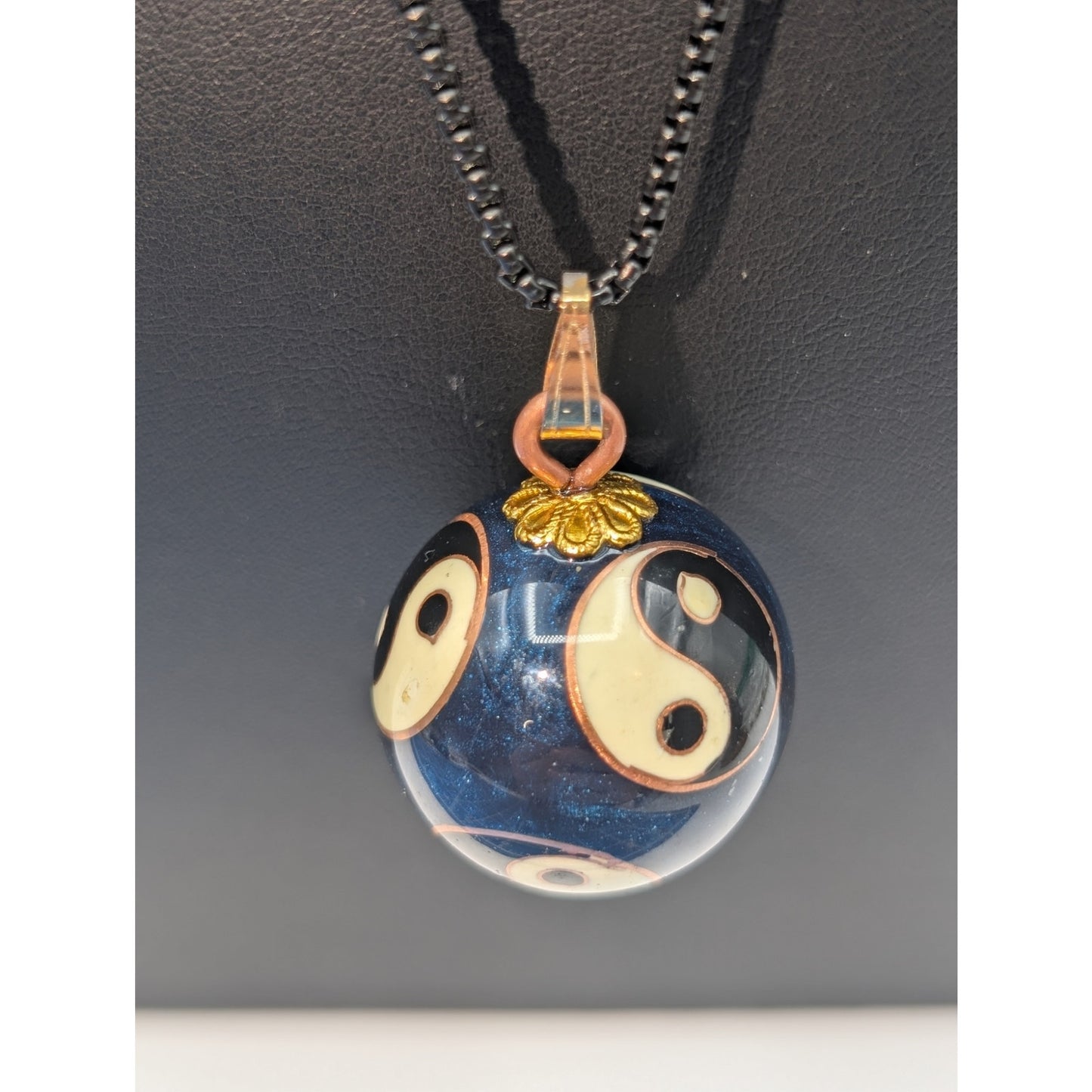 Enameled Blue Gold Cream Black Cloisonne Chime Pendant 26" Necklace