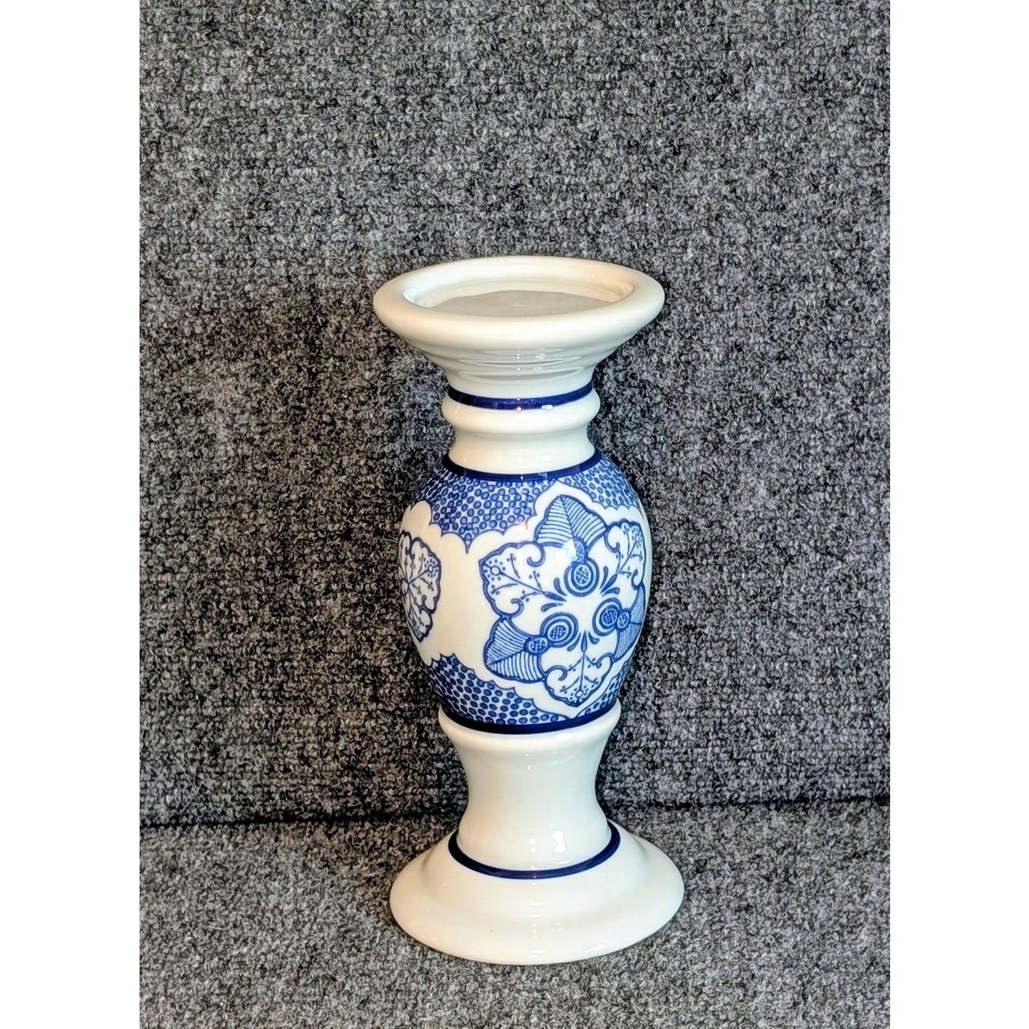 Vintage Porcelain Chinoiserie Blue & White Floral Mosaic Pillar Candle Holder