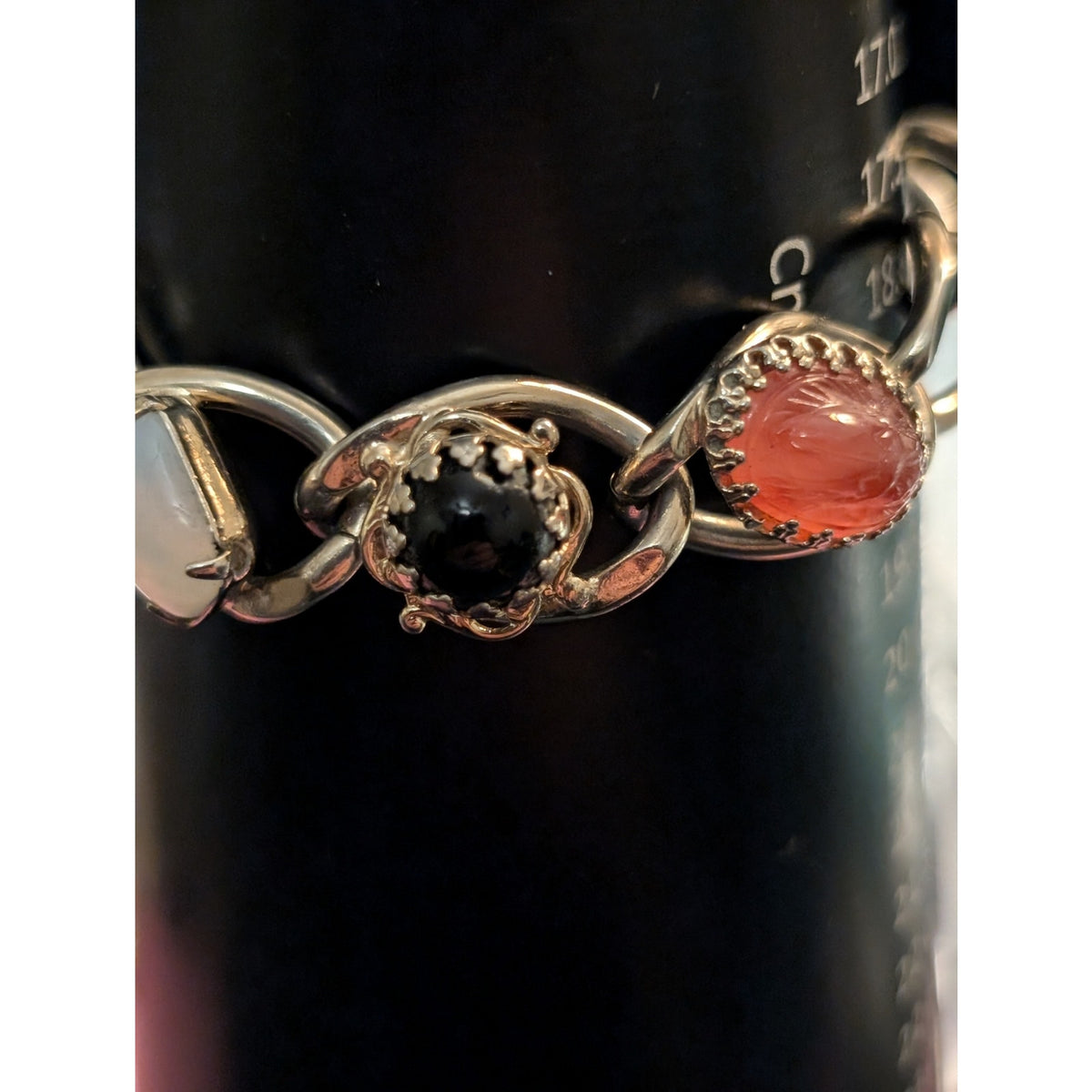 Vintage Carved Scarab Multi-Station Chain Link Gold Tone Toggle Clasp Bracelet