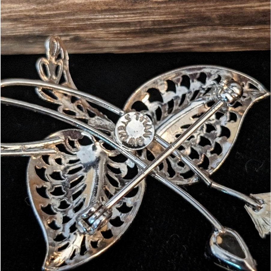 Signed Vintage Titan Sterling Filigree Rhinestone Floral Brooch