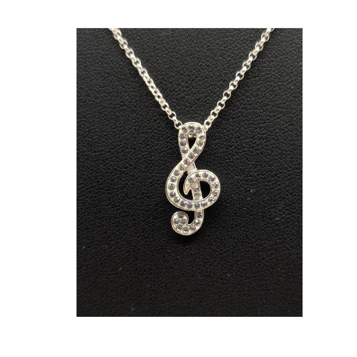 925 Italy Sterling Silver Crystal Studded Treble Clef Pendant 18" Chain Necklace