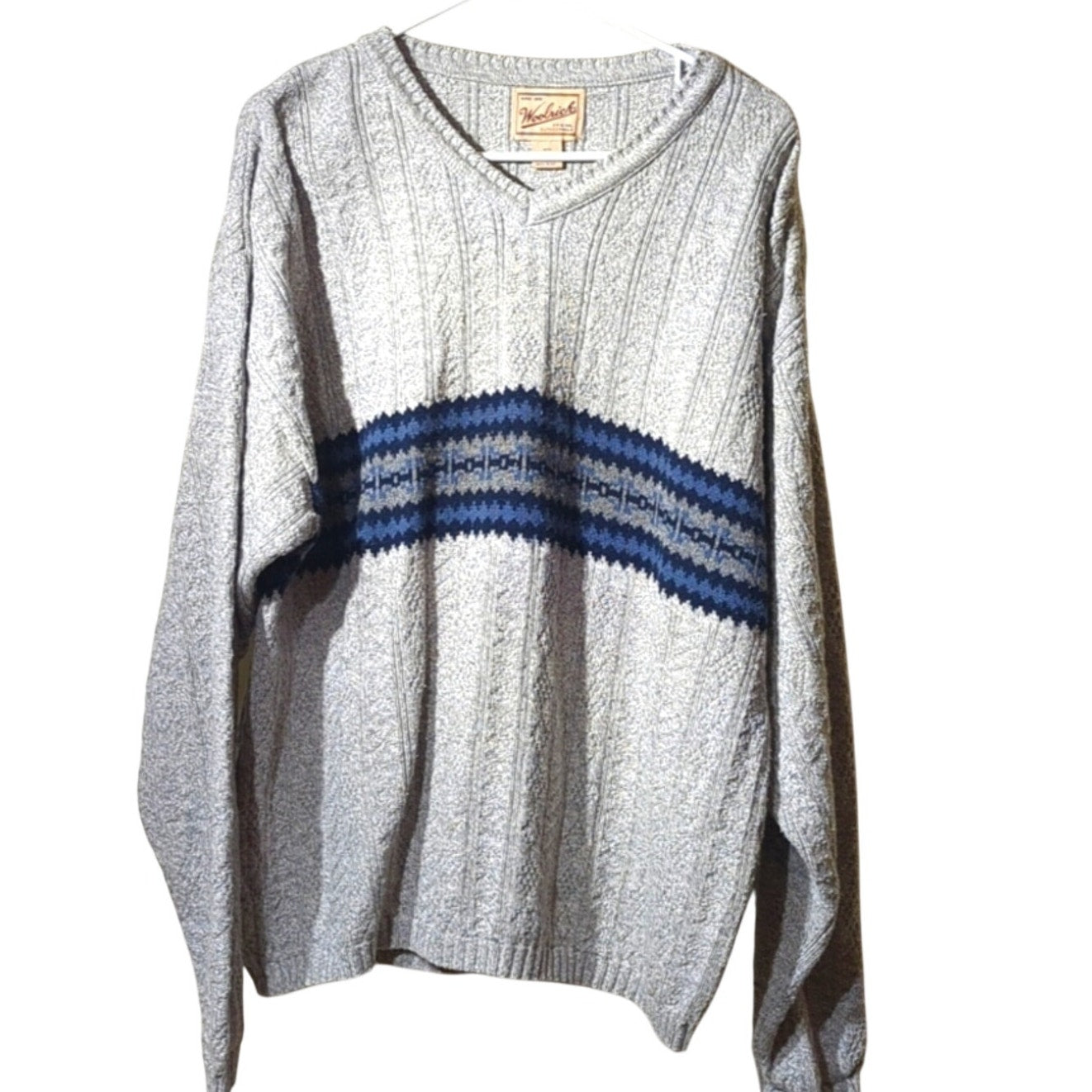 Woolrich Gray Knit V-Neck Sweater with Blue Stripe Chest Design Men's Size L