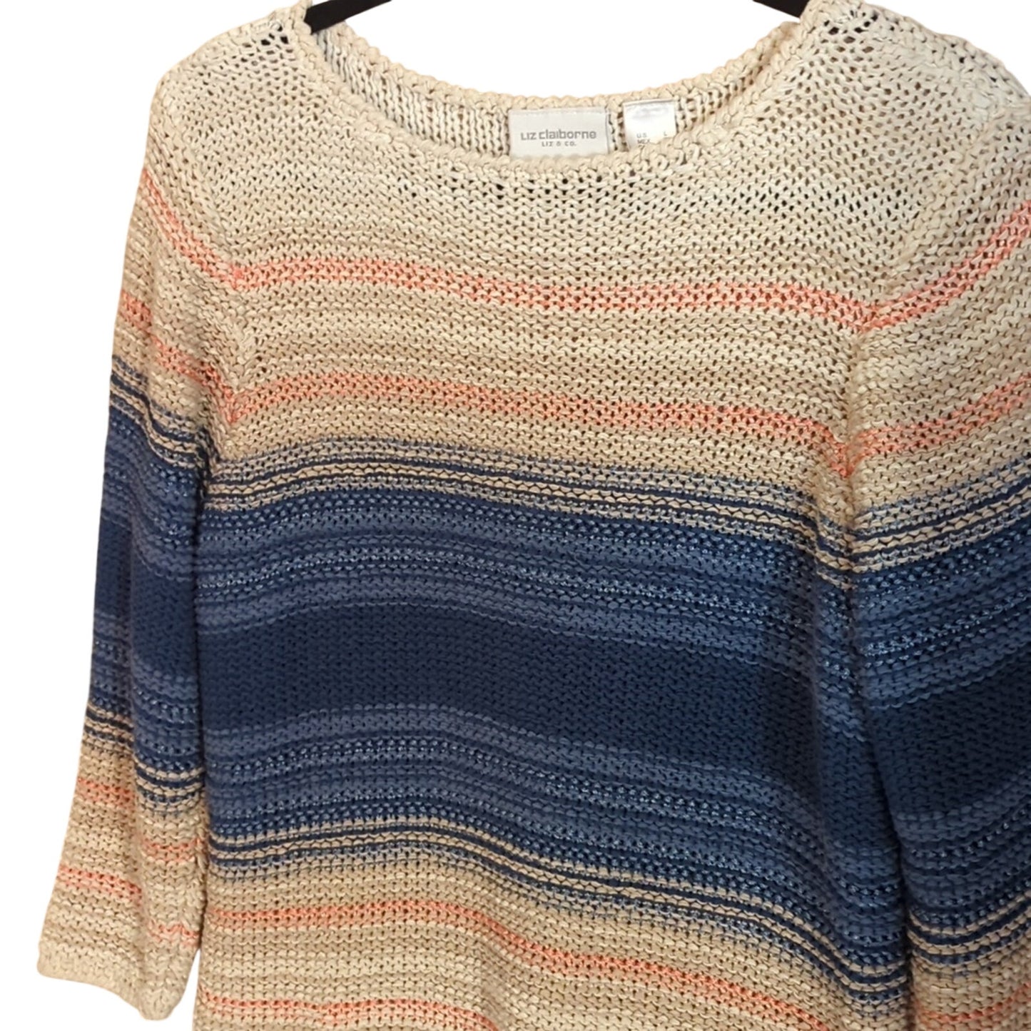 Liz Claiborne Cream Striped Round Neck 3/4 Sleeve Sweater Women's Size L