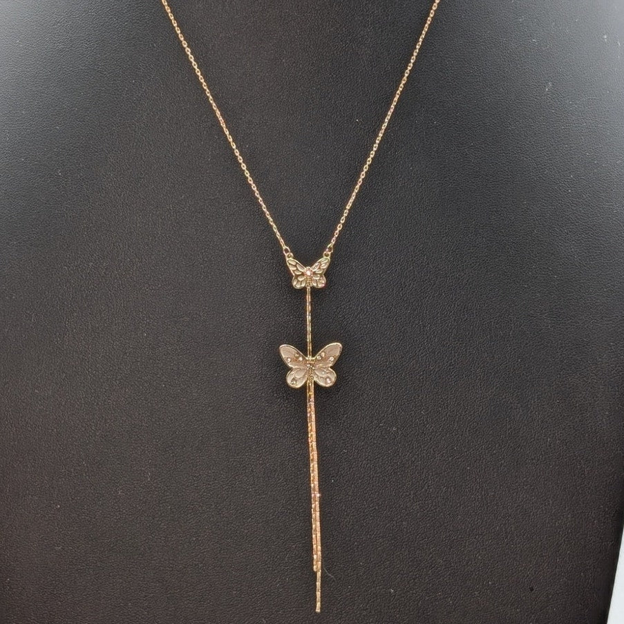 Jessica Simpson Gold Tone Two White Sparkle Butterfly Tassel 16"-19" Necklace