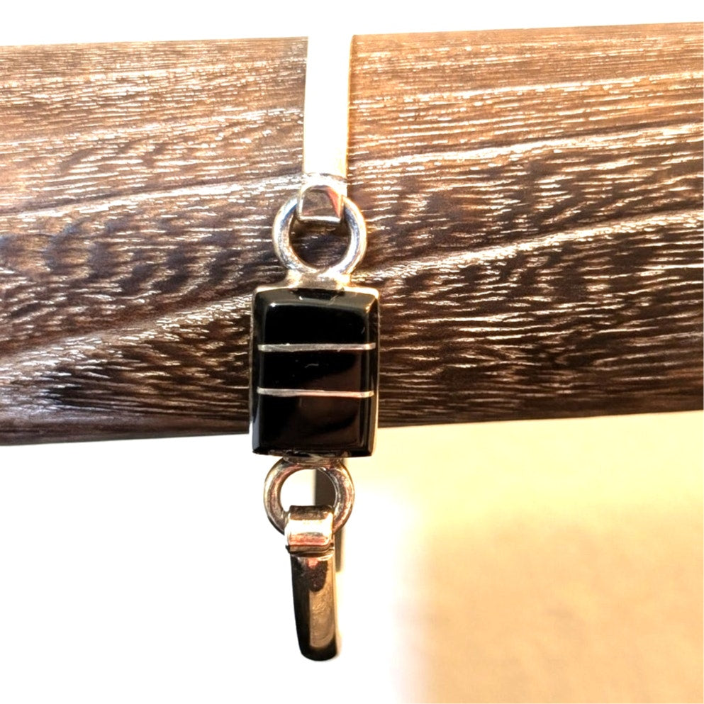 Mexico 925 Sterling Silver Black Onyx Silver Inlay Tension Clasp Bangle Bracelet