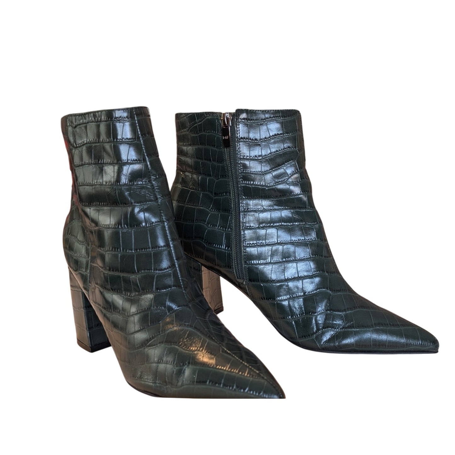 Marc Fisher Green Leather Animal Print Embossed 3" Heel Zip Ankle Boots Sz 9