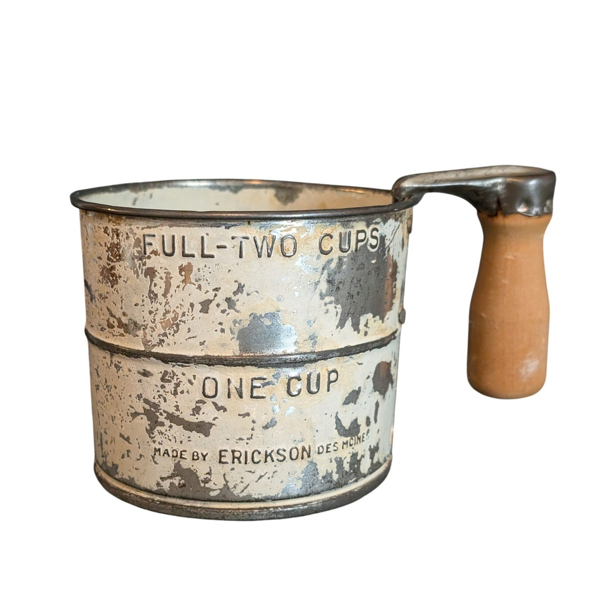 Vtg/Antique 1920's White Metal Erickson Advertising Flour Sifter Des Moines IA