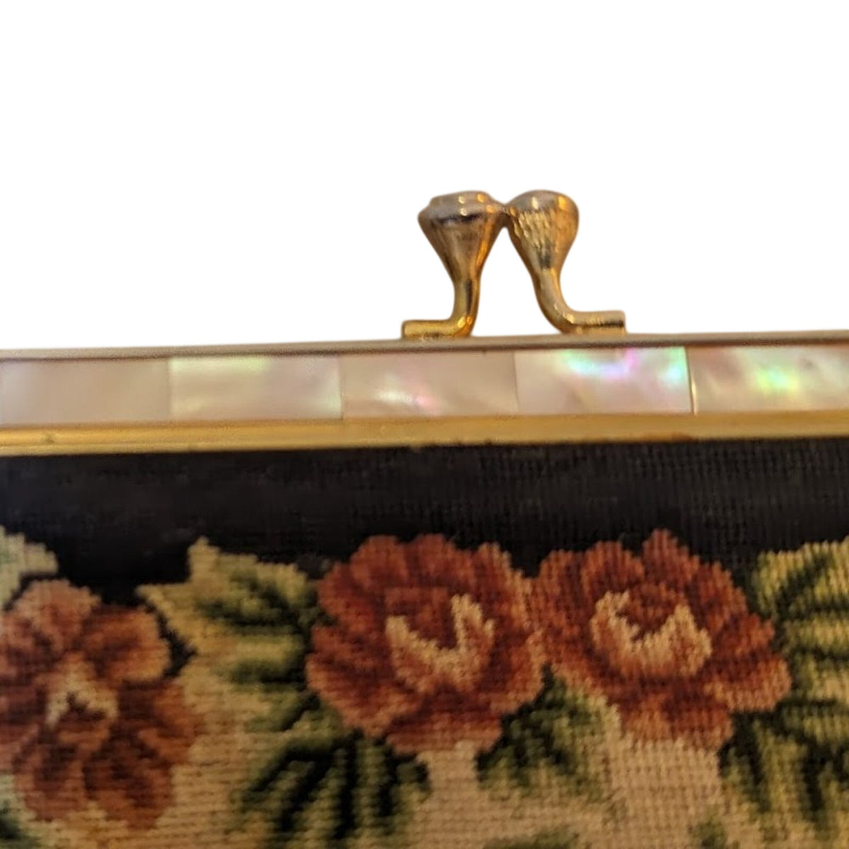 Vintage Handmade Exquisite Petit Point Embroidery Handbag with Mother of Pearl
