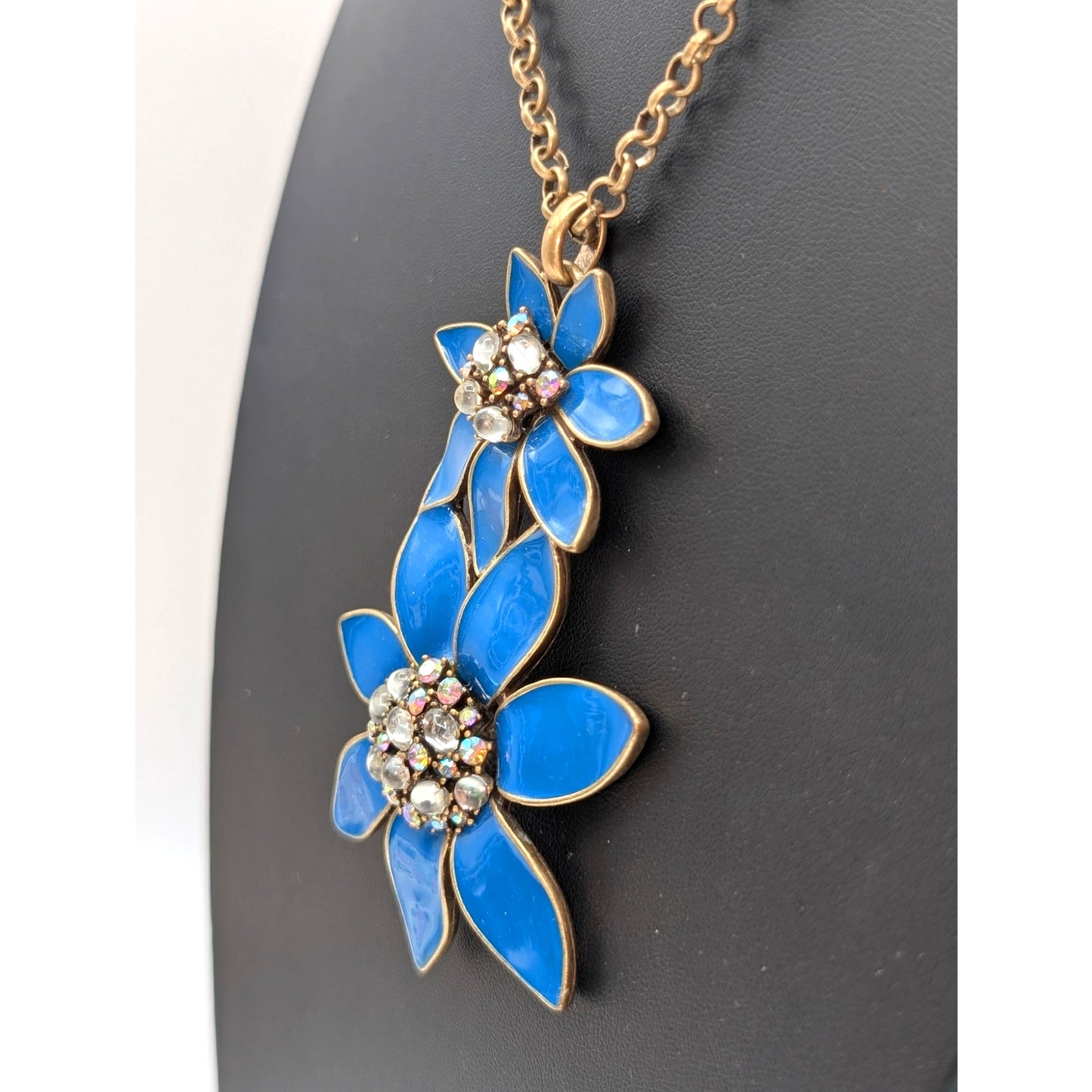 Coldwater Creek Blue Enamel AB Rhinestone Floral Antiqued Gold Chain Necklace