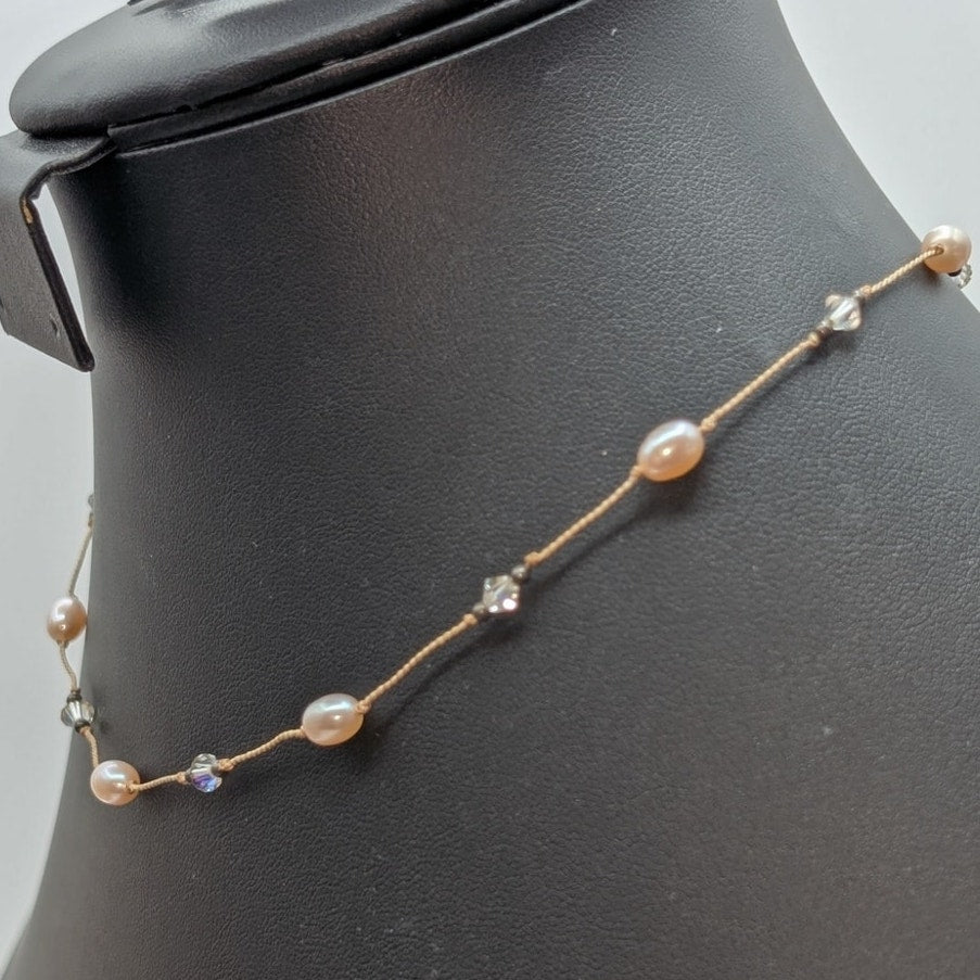 VTG 925 Sterling Silver Pale Pink Pearl Crystal on Cord Toggle 17.5" Necklace