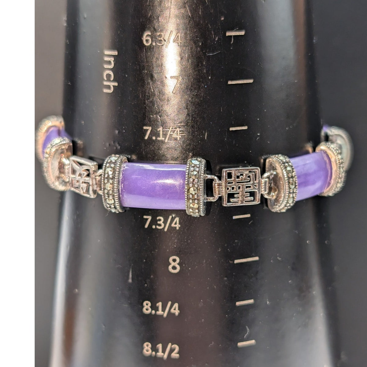 Vtg 70s Chinese Lavender Jadeite Marcasite Sterling Silver Panel Link Bracelet