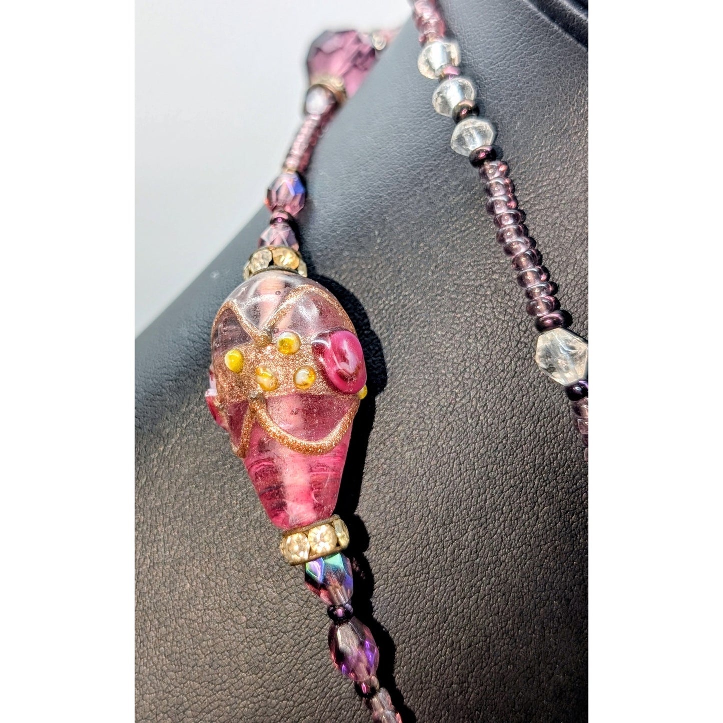 VTG Gorgeous Purple Lampwork & Glass Bead Multi-Shape Crystal 50" Long Necklace