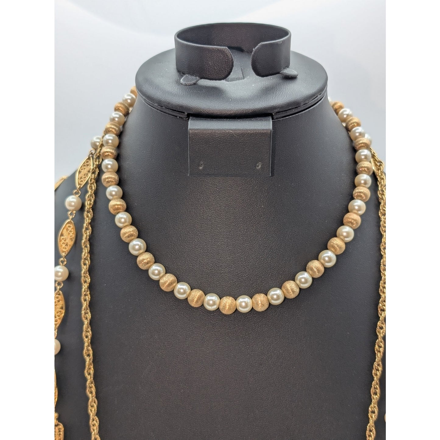 Lot of 4 Vtg Gold Tone Faux Pearl Fancy Chain Napier 1928 & Unbranded Necklaces