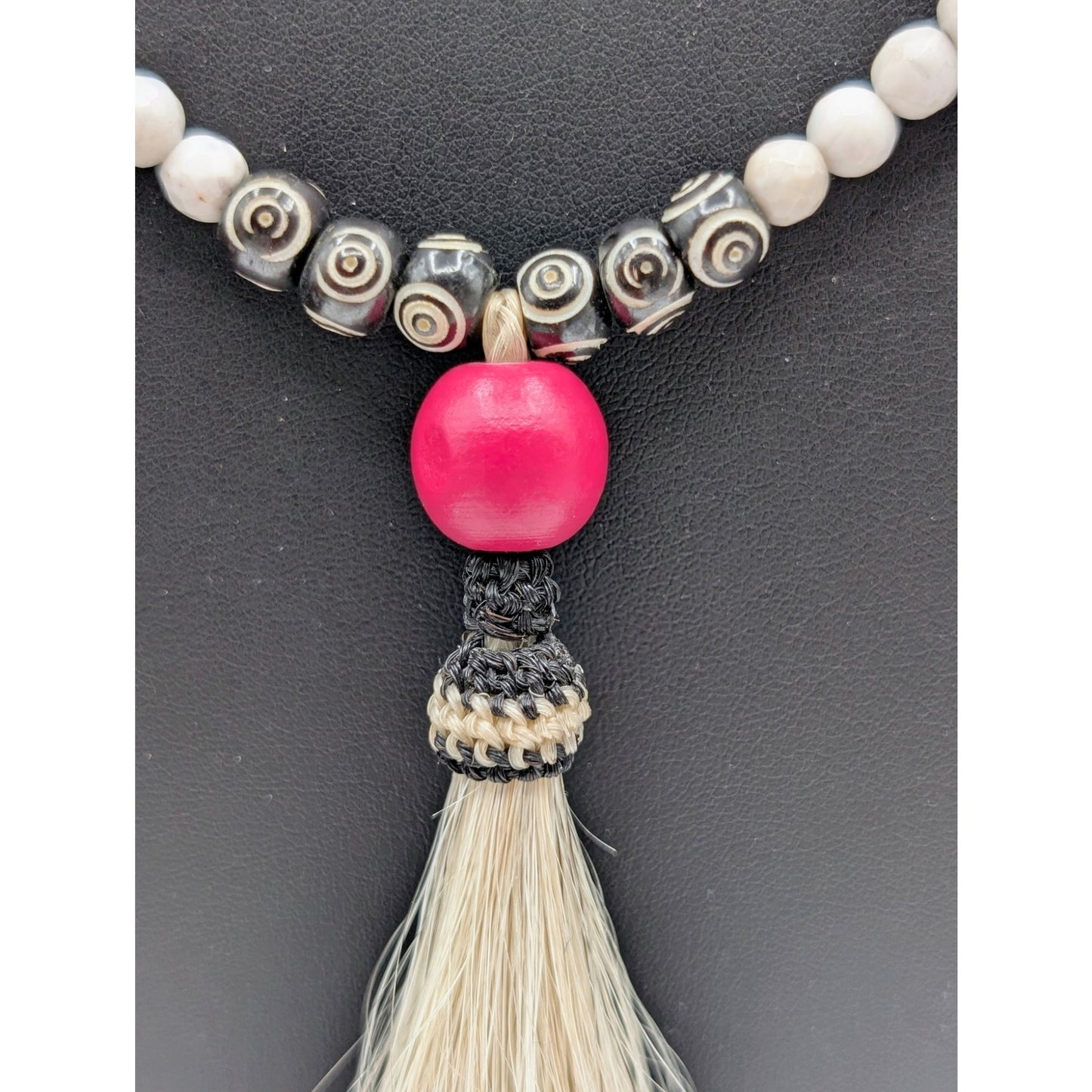 Boho Blue Pink White Black Stone Beaded Pink Tipped Tassel Long Cord Necklace