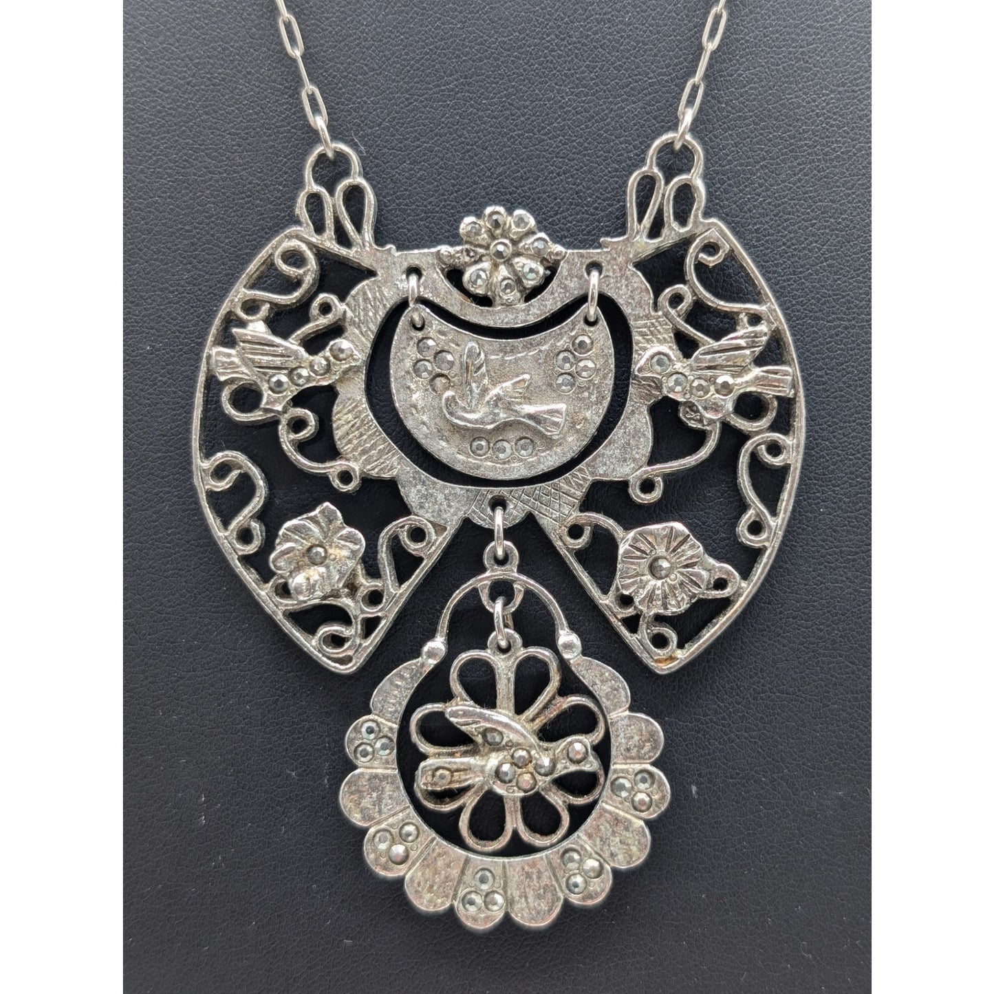 Vtg/Antique Silvertone Large Dangle Bird Floral Marcasite Pendant Chain Necklace