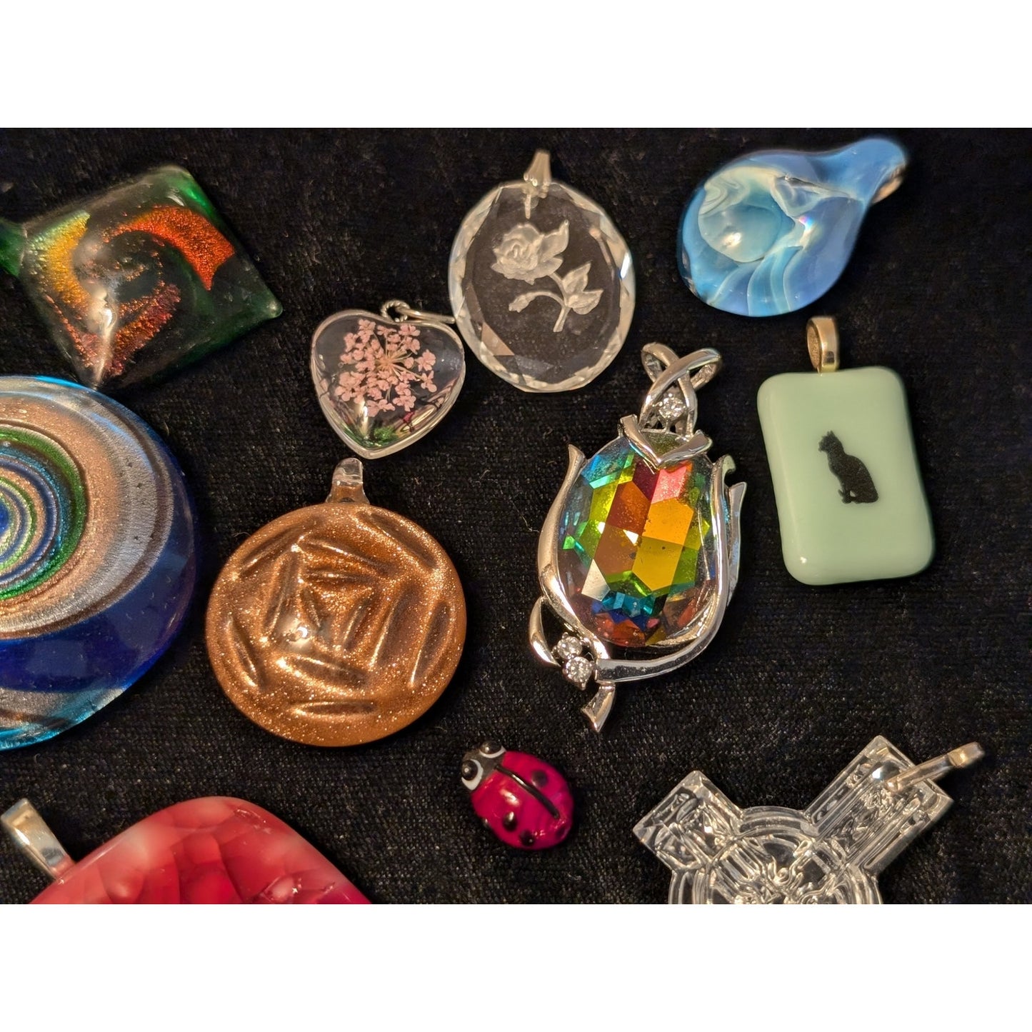 Thirteen Glass & Other Pendants & Ladybug Lot