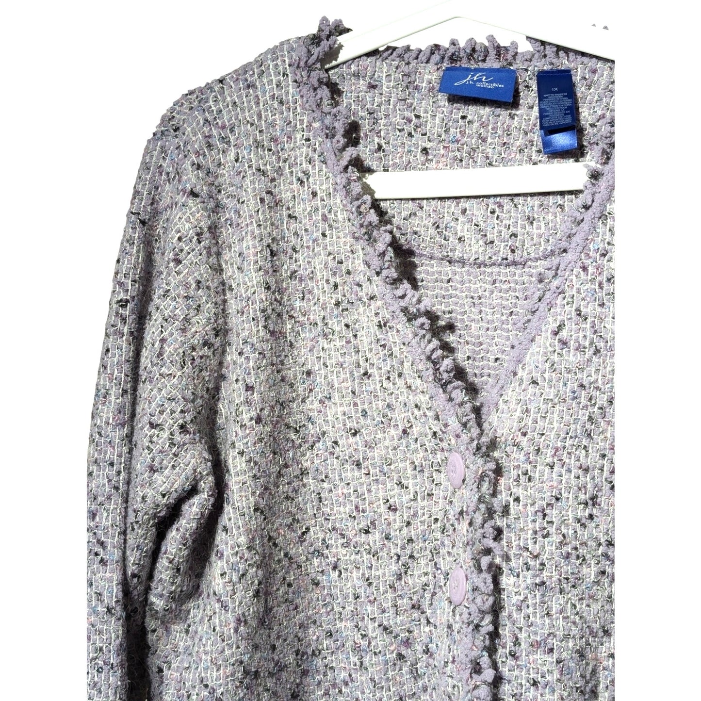 JH Collectibles Lavender Boucle Fringe Button Pocket Front Cardigan Womens Sz 1X