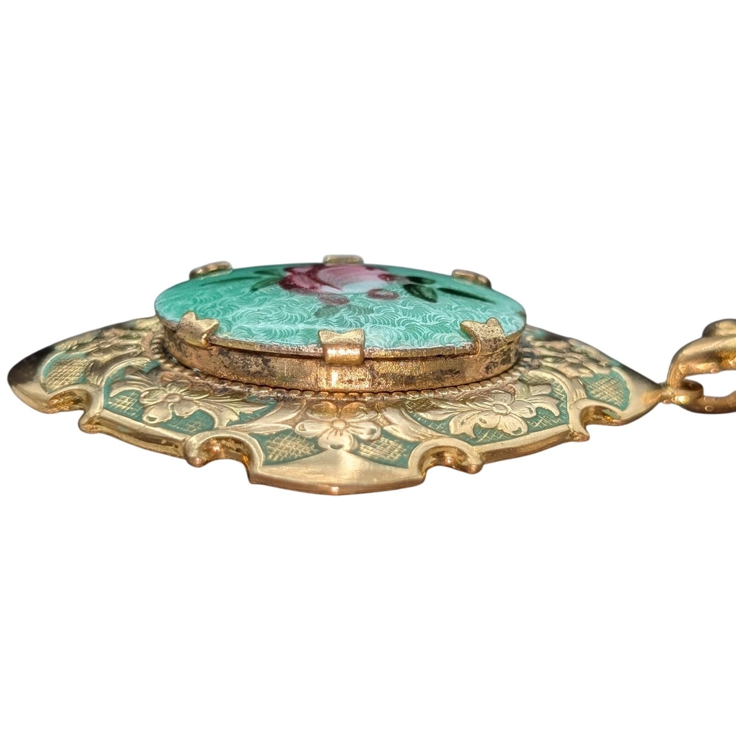 Vtg 1930s Guilloche Enamel Work Rose Design Fleur de Lis Locket Hanging Brooch