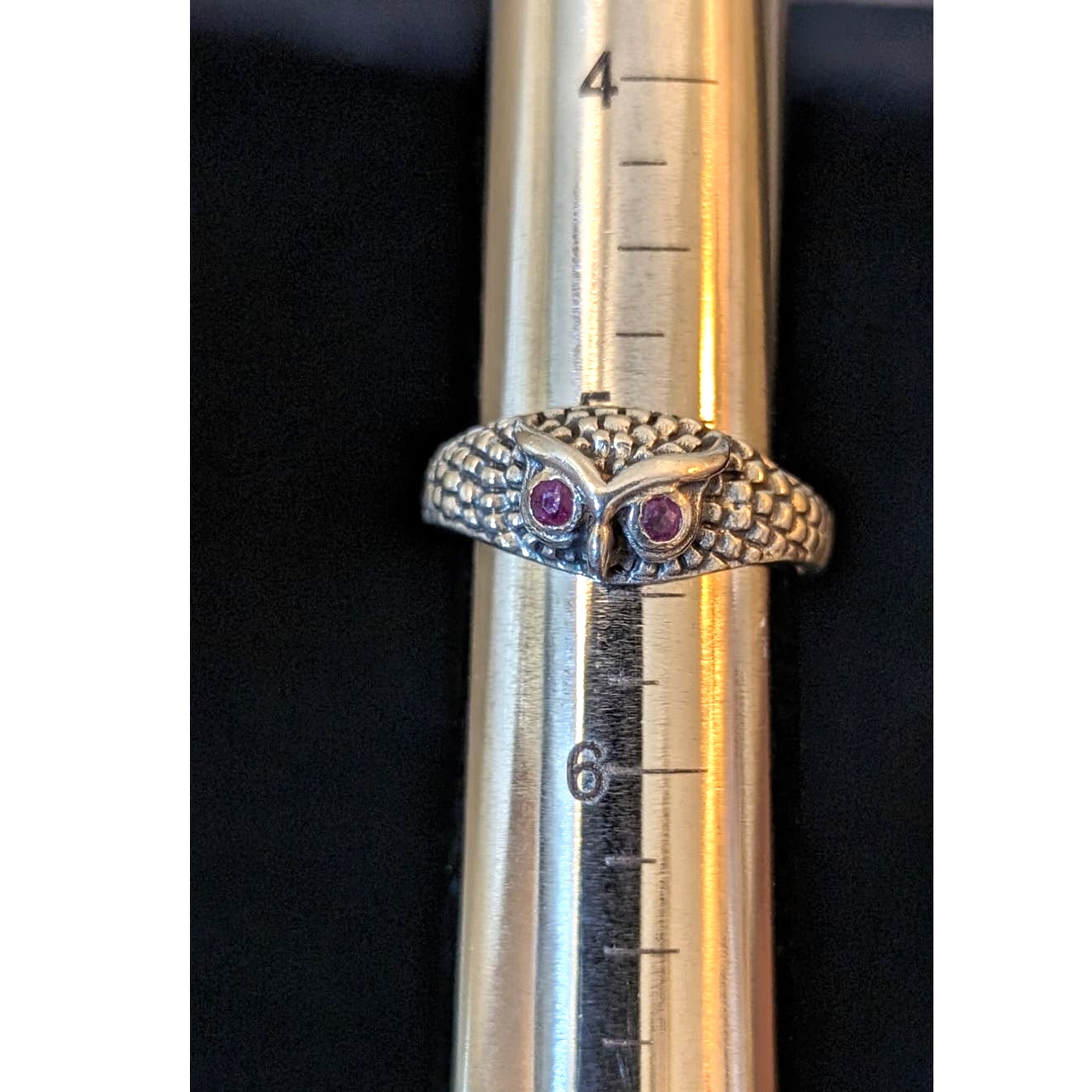 925 Sterling Red/Pink Spinel Eyed Owl Ring Sz 5-5.25