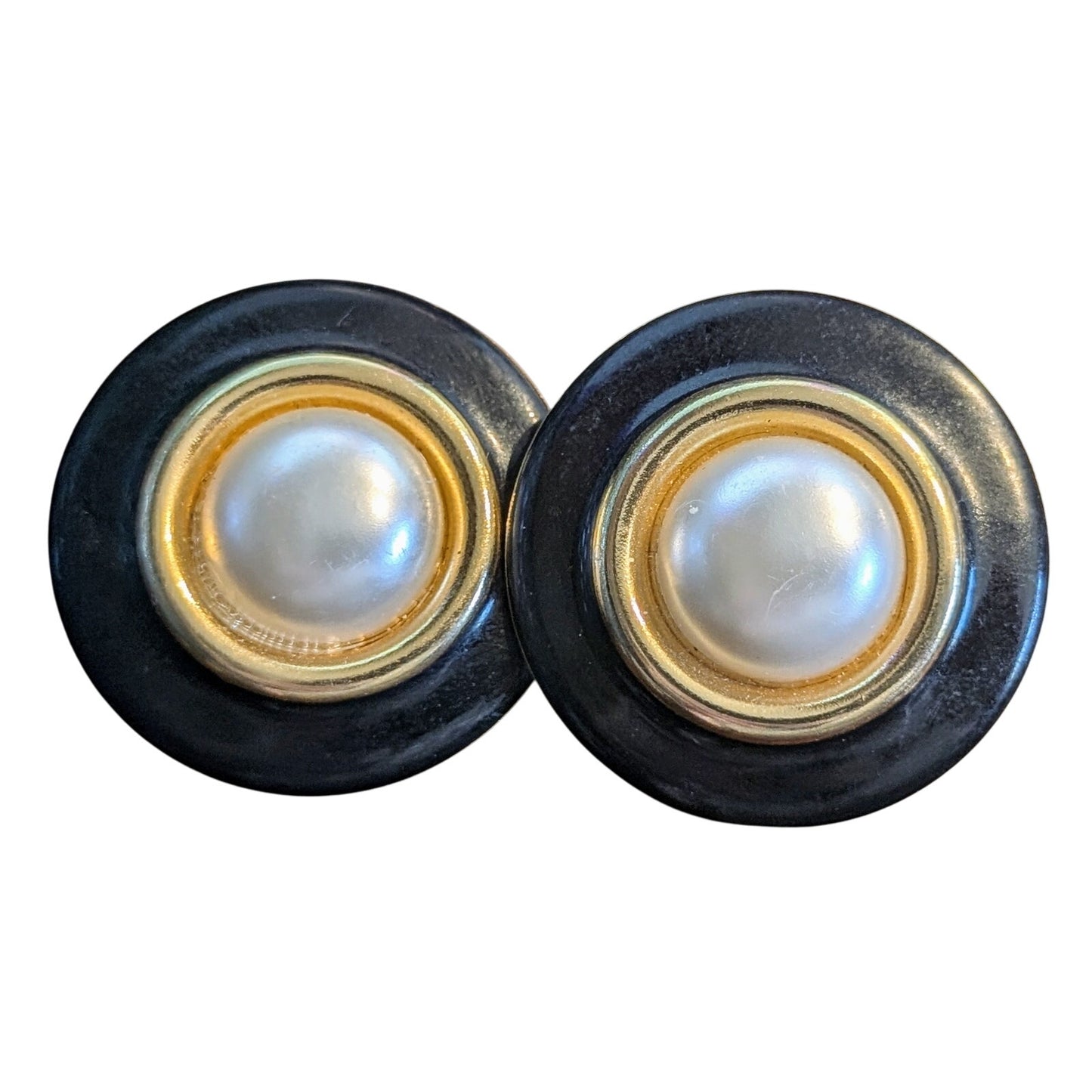 Vintage 80s Large Black Enamel Gold Tone Faux Mabe Pearl Button Pierced Earrings