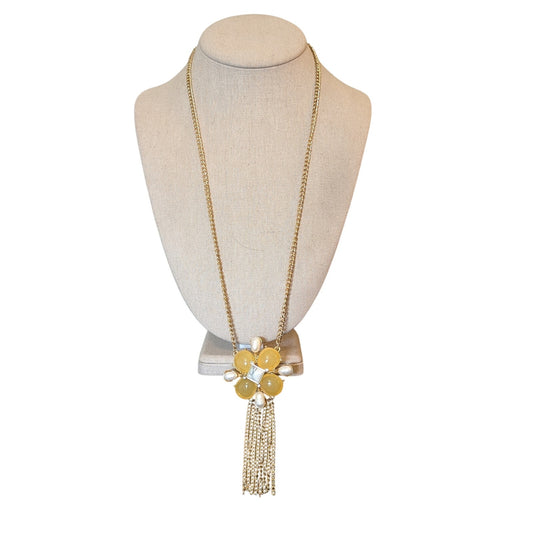 Yellow Gumdrop Pearl Gold Tone Tassel Statement Necklace