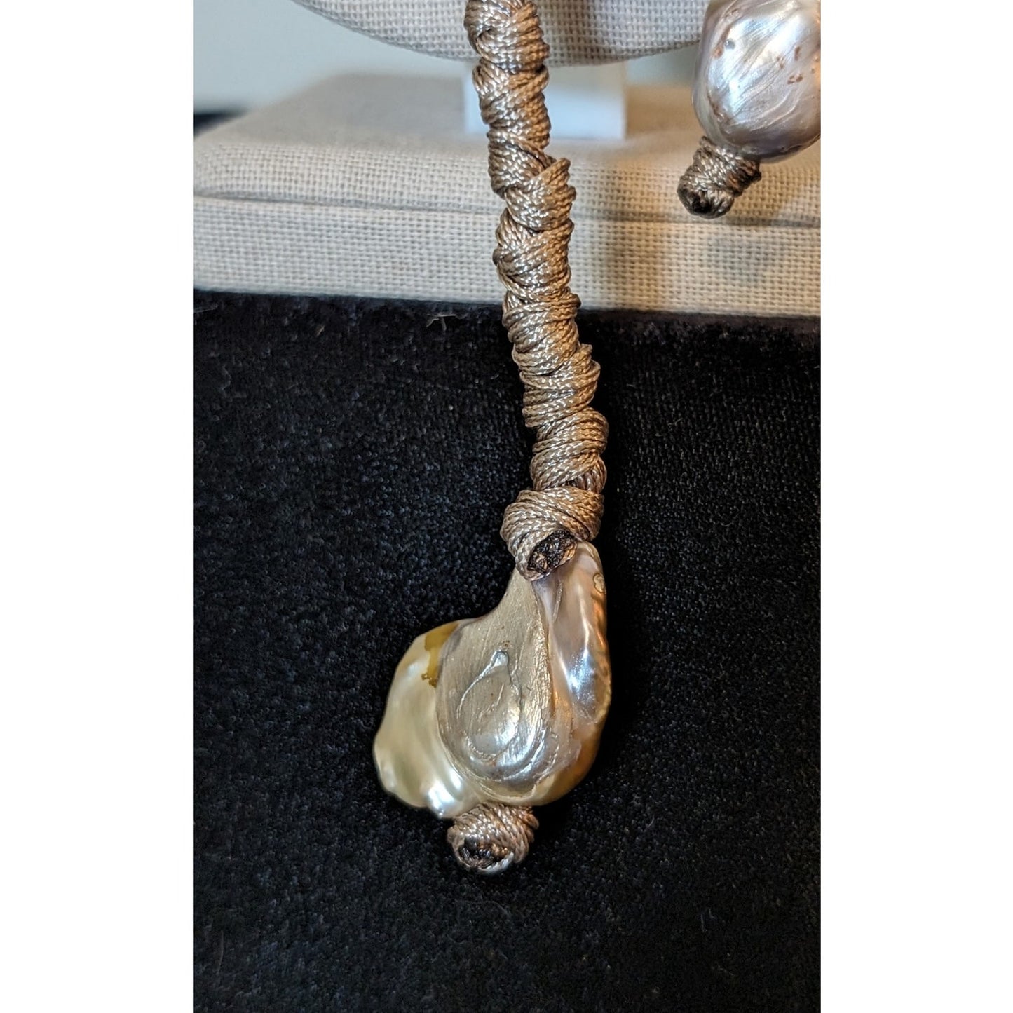 Designer Made in Italy Khaki Natural Linen & Large Baroque Pearl Tassel Necklace