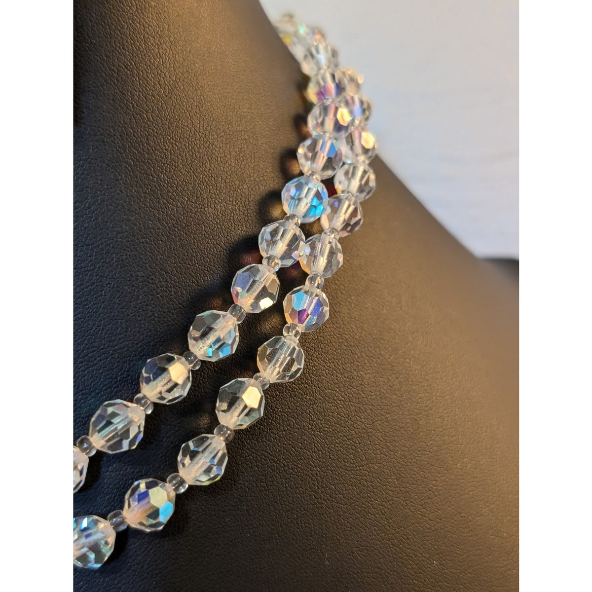 Vintage 1950s Double Strand Faceted Austrian AB Crystal Fancy Clasp Necklace
