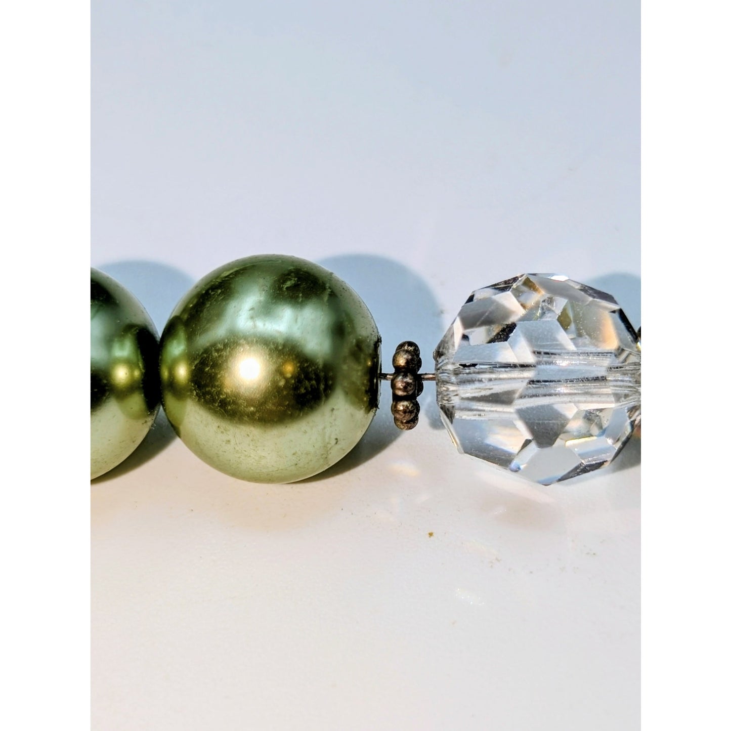 925 Sterling Silver Large Green Faux Pearl Glass Crystal Bead Necklace