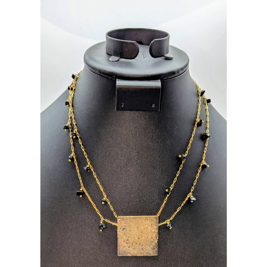 BP Gold Tone Two Strand Black Stone Chip Dangle Square 18"-19.5" Necklace