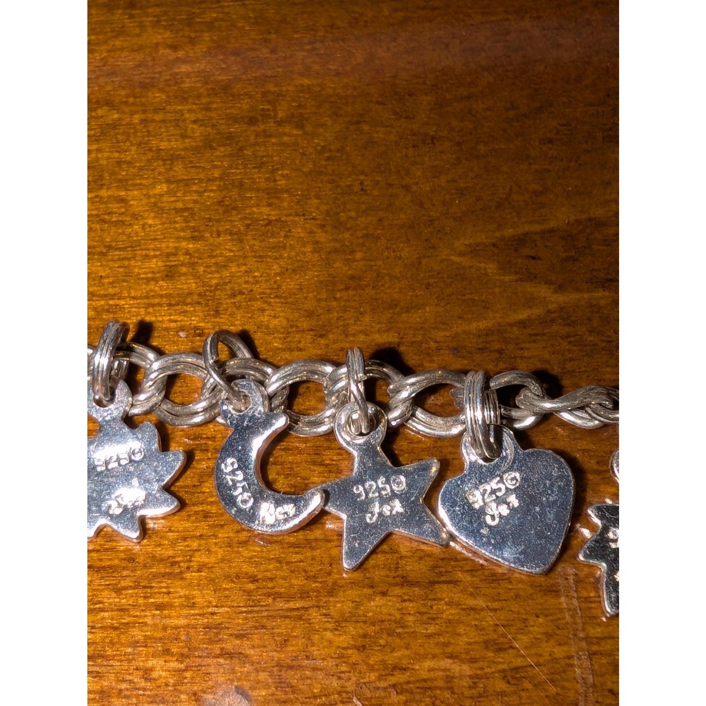 Vintage 925 Italy Sterling Silver Star Crescent Moon Flower Heart Charm Bracelet