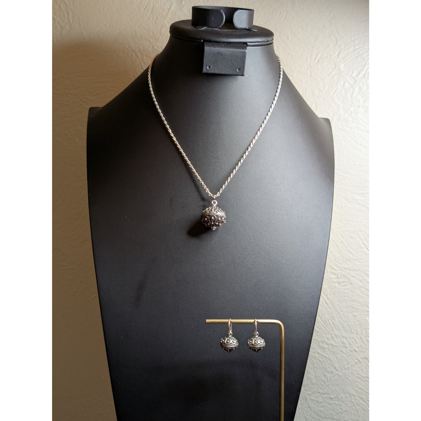 VTG 925 Italy SS Rope Chain Bali Ball Pendant & Hoop Dangle Earring Set 24.39g