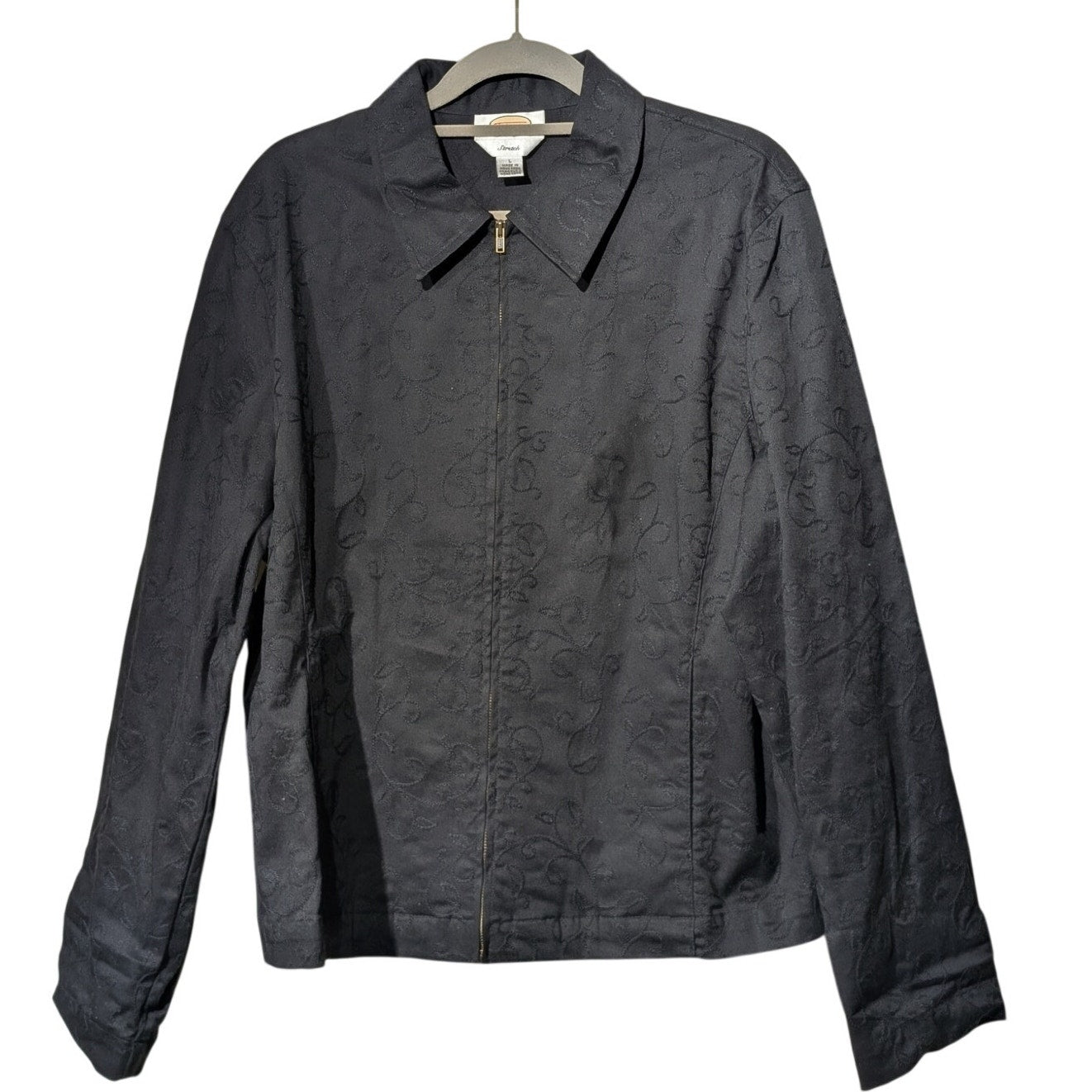 Vtg Black Cotton Stretch Full Zip Soutache Top Stitch Design Unlined Jacket Sz L