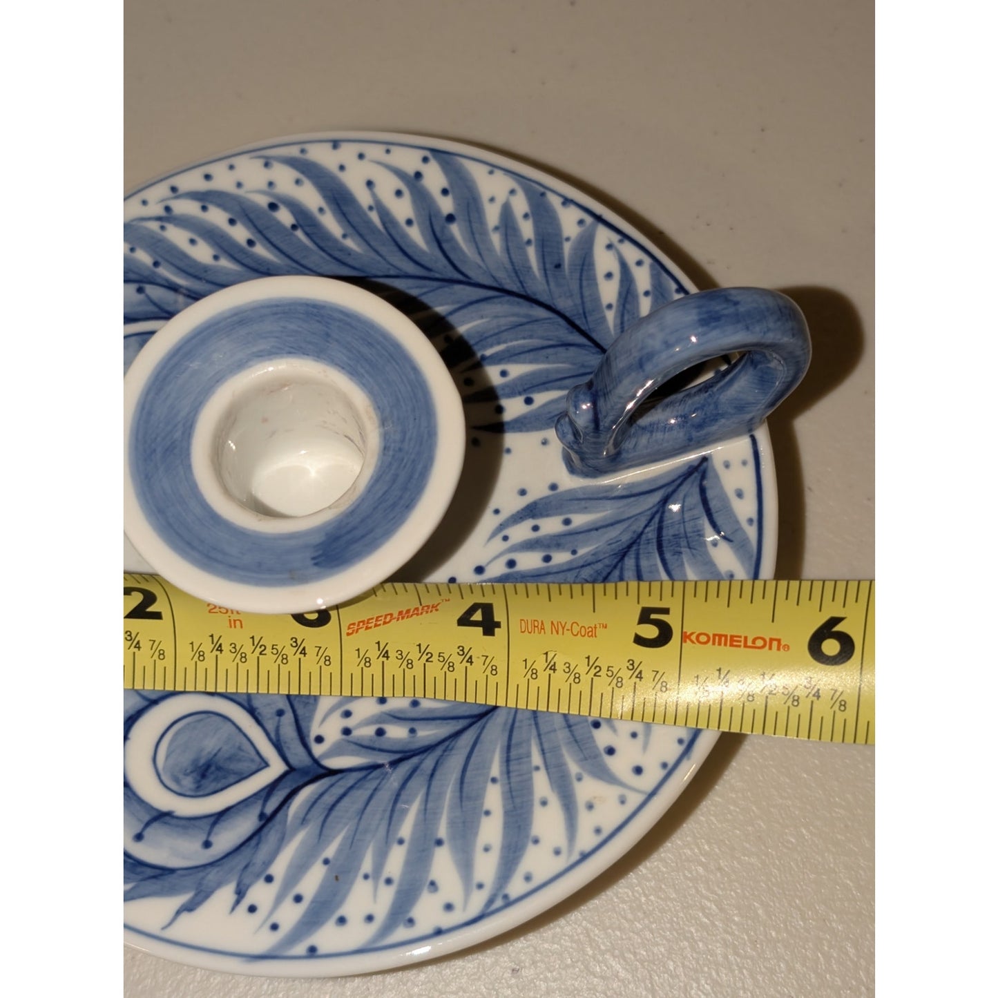 Vintage Blue White Peacock Feather Design Ceramic Chamber Candlestick
