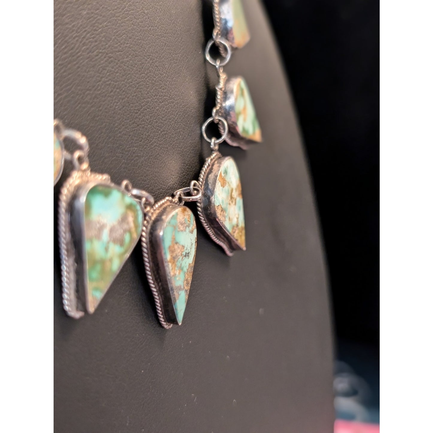 Vintage Teardrop Turquoise Stone Source Unknown Sterling Statement Necklace