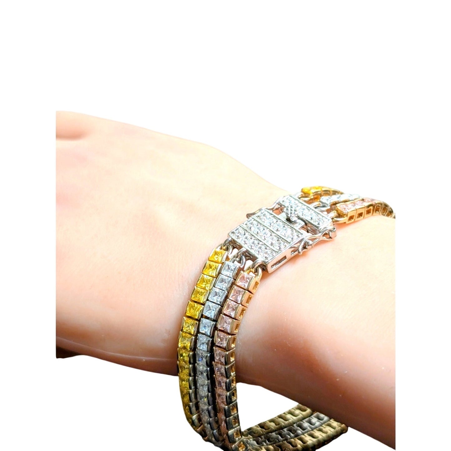 PJM 925 Sterling Pink Yellow Clear Princess Cut Three Strand Tennis Bracelet