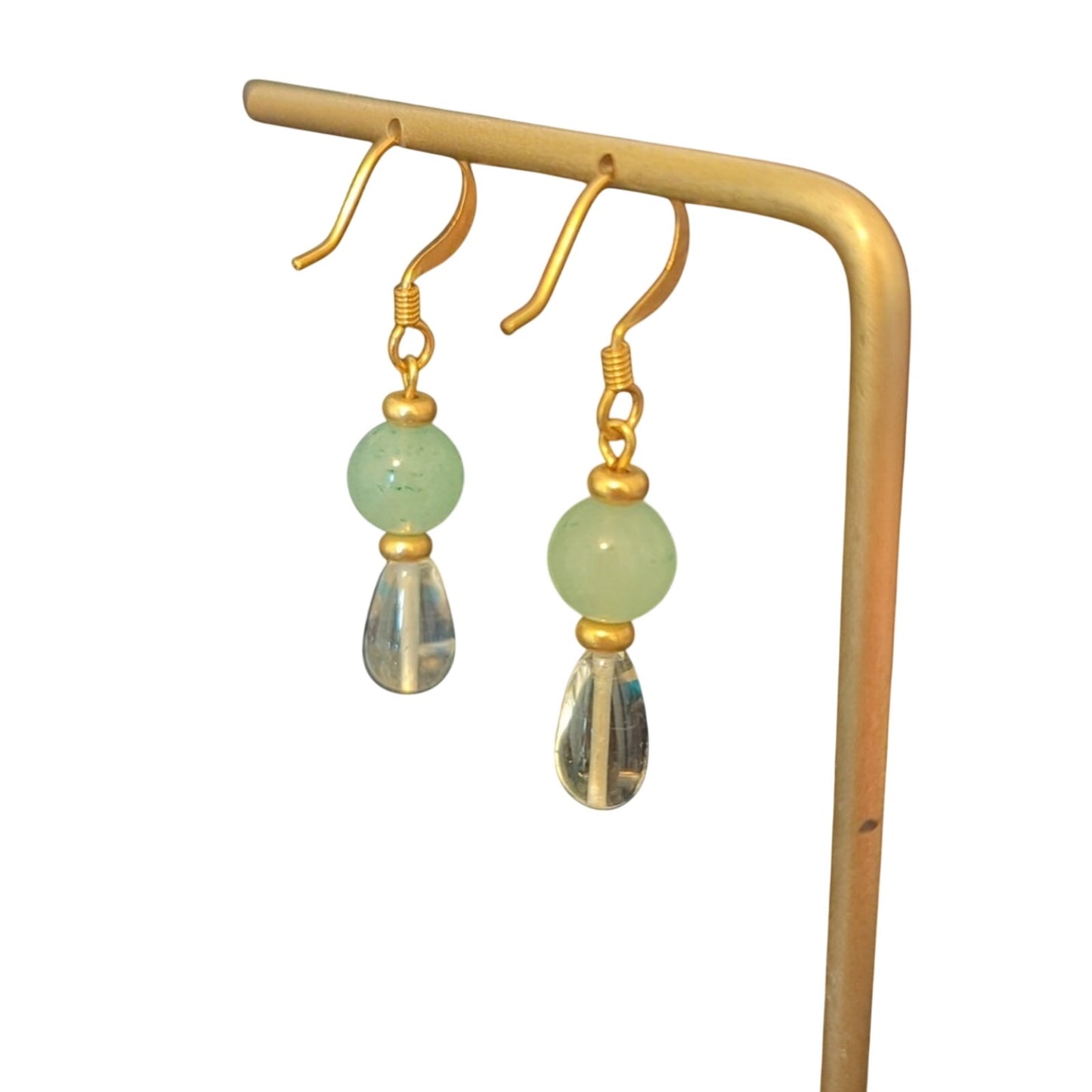 Handmade Adventurine & Glass French Wire Gold Tone Dangle Earrings