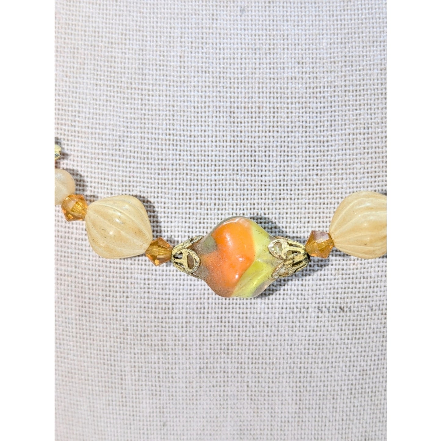 Vintage/Antique Yellow Orange Cream Glass Bead 18"  Necklace