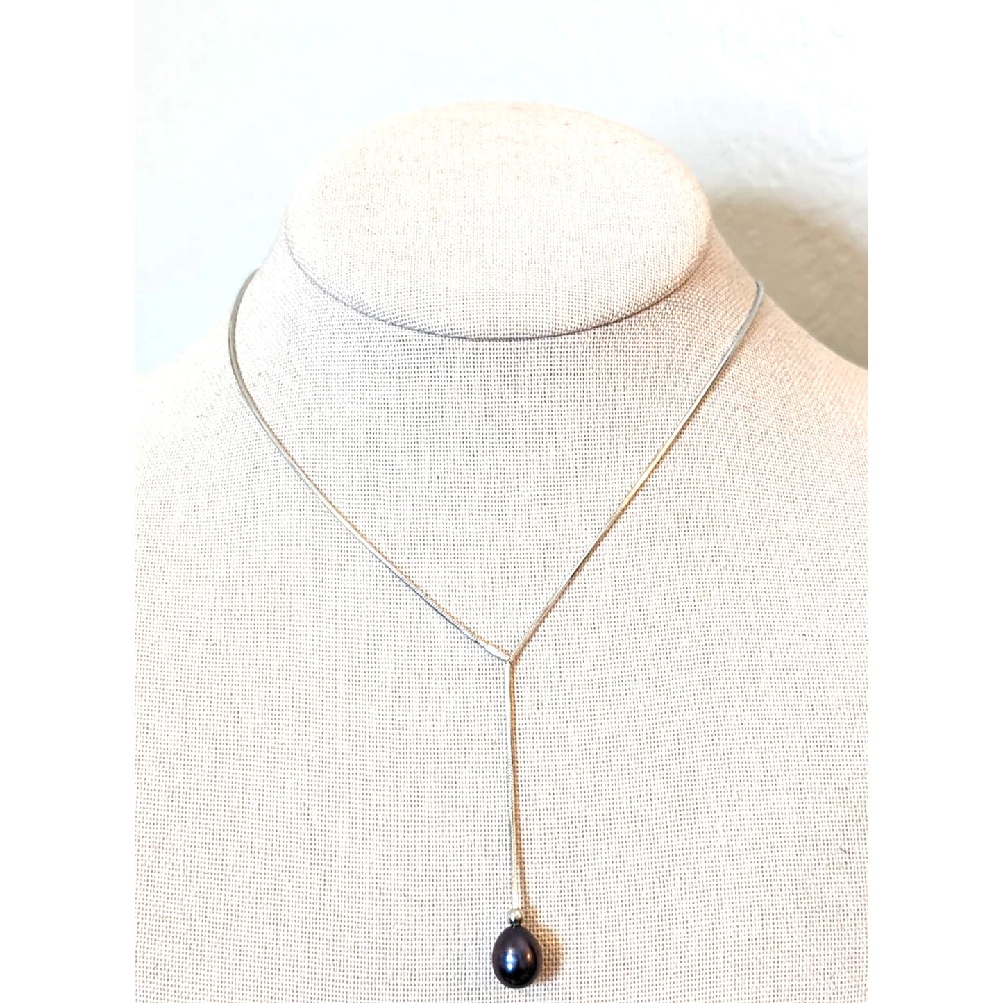 Teardrop Black Pearl 925 Sterling Lariat Necklace