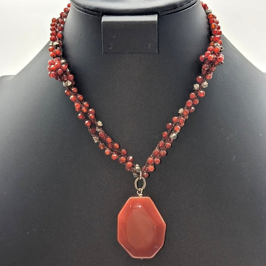 Vintage J. Jill 90s Carnelian Silver Tone Multi Strand Beaded Pendant Necklace