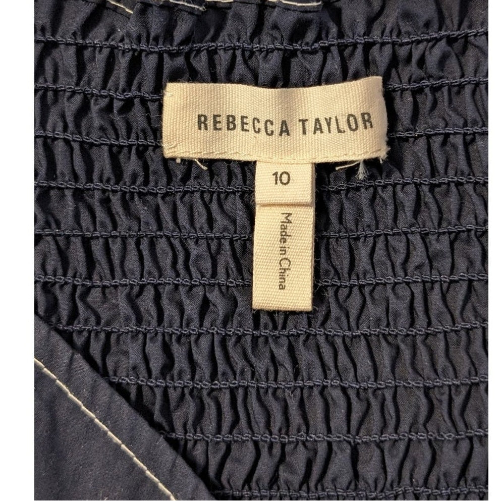 Rebecca Taylor Navy Blue Button Front Smocked Off Shoulder Cotton Blouse Sz 10