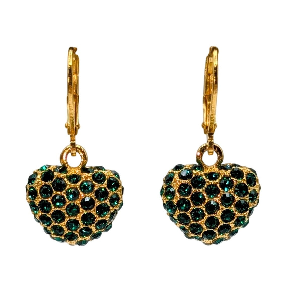 Joan River Green Rhinestone Encrusted Heart Dangle Gold Tone Lever Back Earrings
