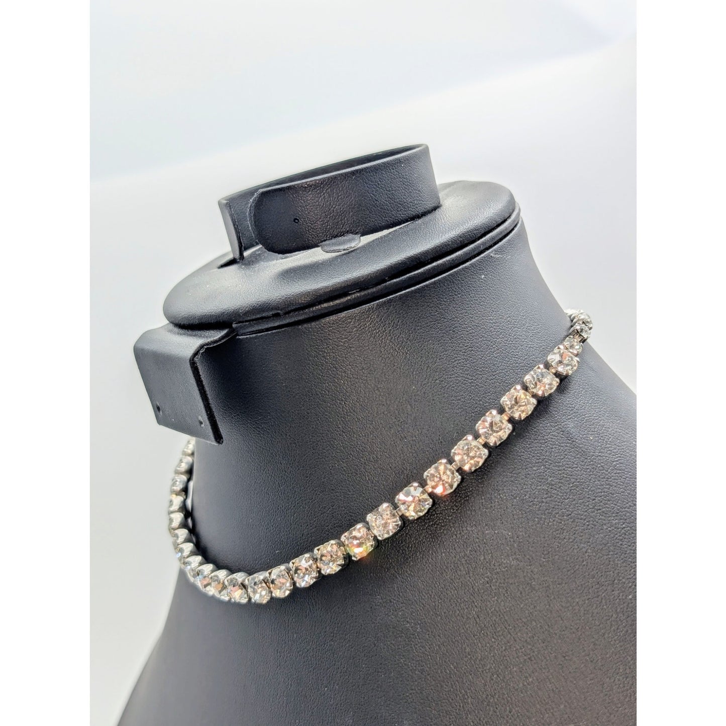 Vintage 12mm Rhinestone Silver Tone 12"-15" Choker Necklace