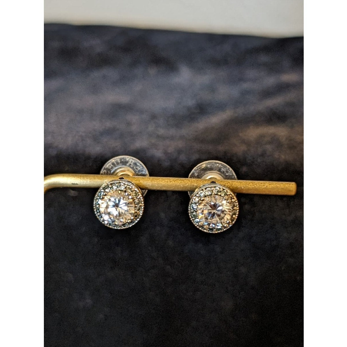 Marked PD Silver Tone CZ Surrounded by Small CZs Stud Earrings